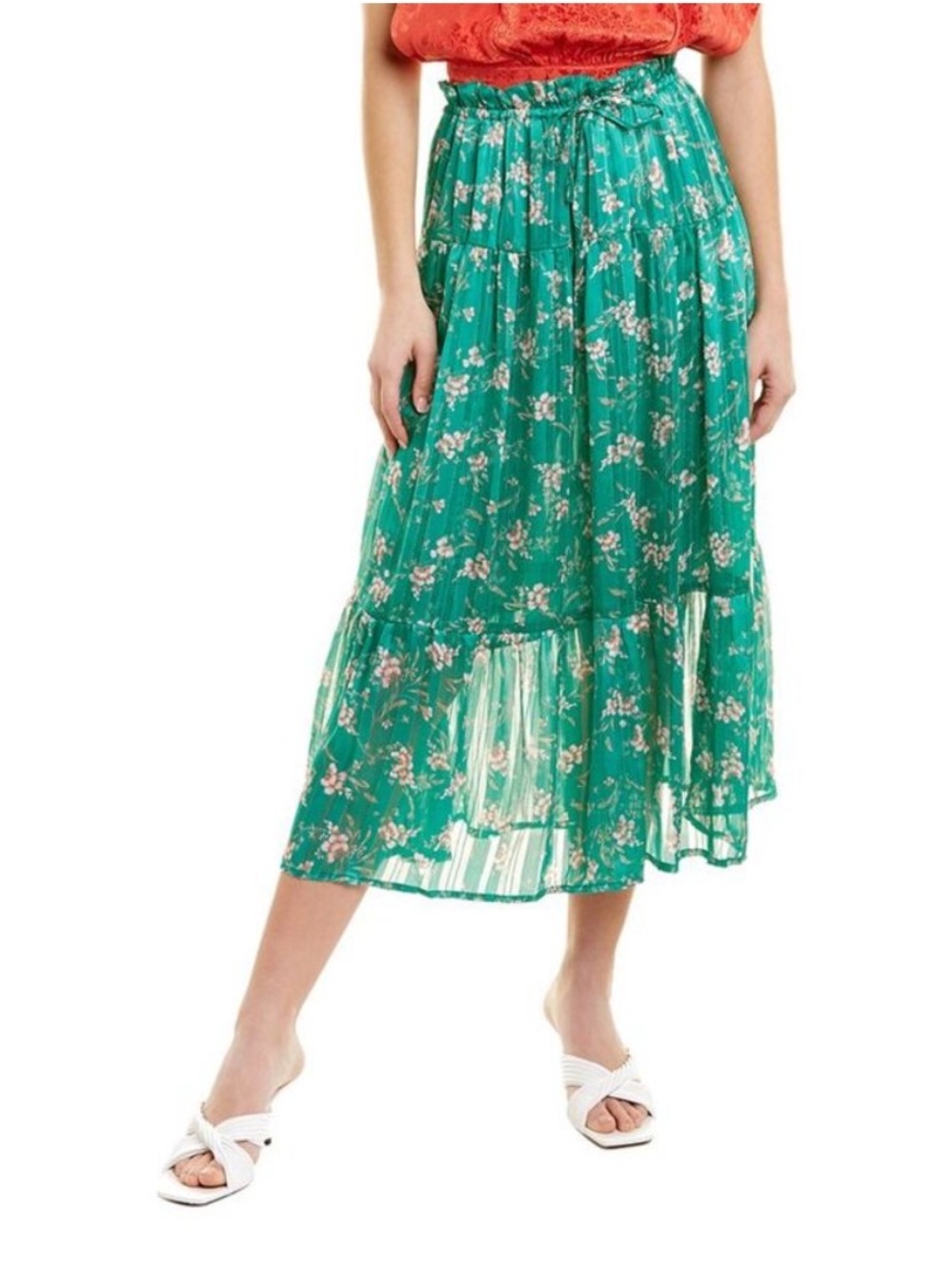 SABINA MUSAYEV Green Floral Metallic Stripe Tiered Midi Skirt Size S